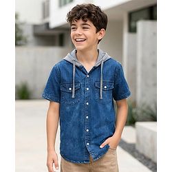 Pine Kids Cotton knit Half Sleeves Solid Color Hooded Shirt - Navy Blue