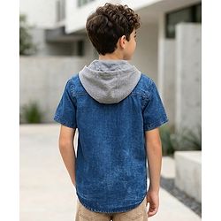 Pine Kids Cotton knit Half Sleeves Solid Color Hooded Shirt - Navy Blue