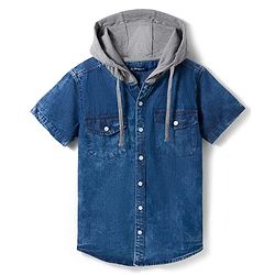 Pine Kids Cotton knit Half Sleeves Solid Color Hooded Shirt - Navy Blue