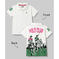 Pine Kids Cotton Knit Half Sleeves Polo T-Shirt with Polo Game Print in Back - White