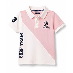 Pine Kids Cotton Knit Half Sleeves Polo T-Shirt with Cut & Sew Colour Block Design -  Pink & White