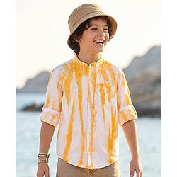 Pine Kids Cotton Woven Full Sleeves Mandarin Collar Shirt With Tie & Dye Effects - Yellow