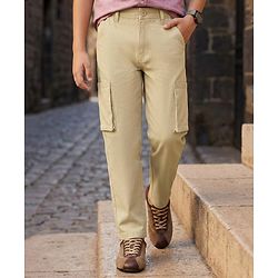 Pine Kids Cotton Woven Full Sleeves Solid Trouser With Cargo Pockets - Khaki