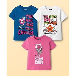 Pine Kids Cotton Knit Half Sleeves T-Shirts with Text Graphic Pack of 3 - Navy Blue Pink & White