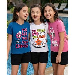 Pine Kids Cotton Knit Half Sleeves T-Shirts with Text Graphic Pack of 3 - Navy Blue Pink & White