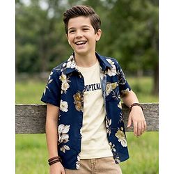 Pine Kids Viscose Half Sleeves Floral Printed Shirt With T-Shirt - Navy