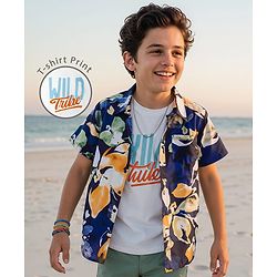 Pine Kids Viscose Woven Half Sleeves Floral Printed Shirt With T-Shirt - Navy Blue