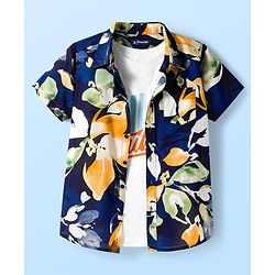 Pine Kids Viscose Woven Half Sleeves Floral Printed Shirt With T-Shirt - Navy Blue