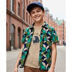 Pine Kids Viscose Woven Half Sleeves Shirt With T-Shirt With Animal Print - Green