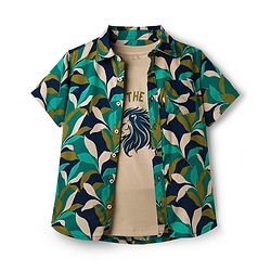 Pine Kids Viscose Woven Half Sleeves Shirt With T-Shirt With Animal Print - Green