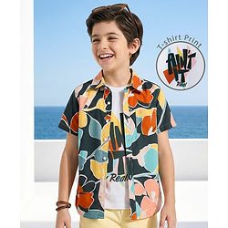 Pine Kids Viscose Woven Half Sleeves Shirt With T-Shirt & Floral Print - Black