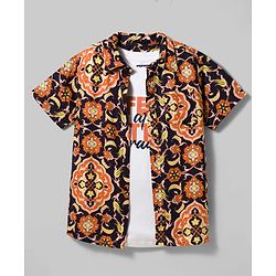 Pine Kids Viscose Woven Half Sleeves Floral Printed Shirt With Tank T-Shirt - Multicolour