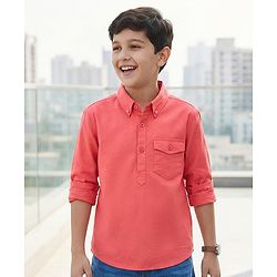 Pine Kids Cotton Woven Full Sleeves Solid Colour Kurta Style Shirt - Coral
