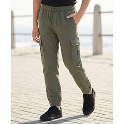 Pine Kids Cotton Elastane Woven Full Length Solid Trouser With Cargo Pockets - Olive Green