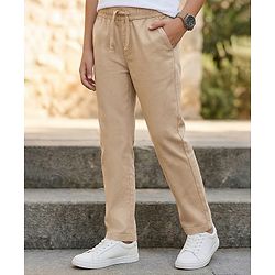 Pine Kids Cotton Elastane Woven Full Length Solid Color Trouser - Beige