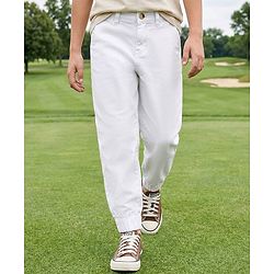 Pine Kids Cotton Elastane Woven Full Length Solid Trouser - White