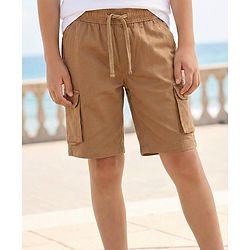 Pine Kids Cotton Elastane Woven Above Knee Length Solid Colour Shorts With Pocket - Brown