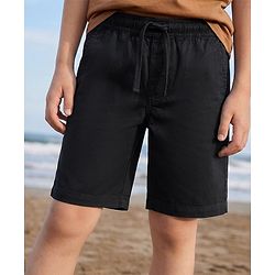 Pine Kids Cotton Elastane Woven Above Knee Length Solid Colour Shorts - Black