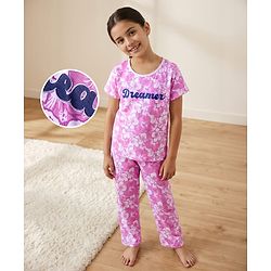 Pine Kids Single Jersey Knit Half Sleeves Capri Co-ord Night Suit With Floral Print - Lavender