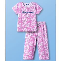 Pine Kids Single Jersey Knit Half Sleeves Capri Co-ord Night Suit With Floral Print - Lavender