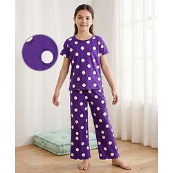 Pine Kids Single Jersey Knit Half Sleeves Co-ords Capri Night Suit With Polka Dot Print - Purple