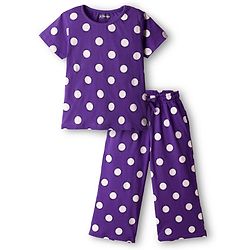 Pine Kids Single Jersey Knit Half Sleeves Co-ords Capri Night Suit With Polka Dot Print - Purple
