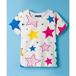Pine Kids Single Jersey Knit Half Sleeves Co-ords Night Suit With Star Print - White