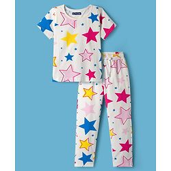 Pine Kids Single Jersey Knit Half Sleeves Co-ords Night Suit With Star Print - White