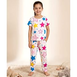 Pine Kids Single Jersey Knit Half Sleeves Co-ords Night Suit With Star Print - White