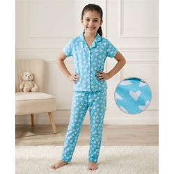 Pine Kids Single Jersey Knit Half Sleeves Co-Ord Night Suit with Heart Print - Light Blue