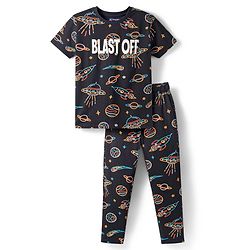 Pine Kids Single Jersey Knit Half Sleeves Co-Ord Night Suit Set With Space Theme Print - Black