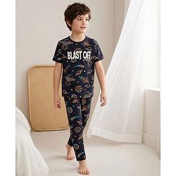 Pine Kids Single Jersey Knit Half Sleeves Co-Ord Night Suit Set With Space Theme Print - Black