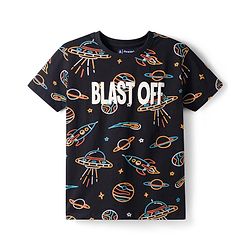 Pine Kids Single Jersey Knit Half Sleeves Co-Ord Night Suit Set With Space Theme Print - Black