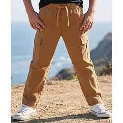 Pine Kids Cotton Elastane Woven Full Length Solid Colour Trouser Pant - Khaki