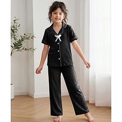 Pine Kids Drop Needle Knit Half Sleeves Solid Co-ord Night Suit With Bow Applique - Black