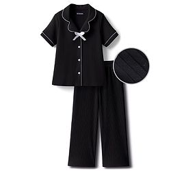 Pine Kids Drop Needle Knit Half Sleeves Solid Co-ord Night Suit With Bow Applique - Black