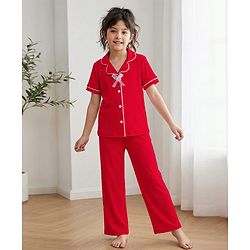 Pine Kids Drop Needle Knit Half Sleeves Solid Co-ord Night Suit With Bow Applique - Black