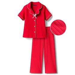 Pine Kids Drop Needle Knit Half Sleeves Solid Co-ord Night Suit With Bow Applique - Black