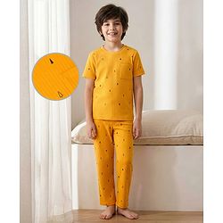 Pine Kids Drop Needle  Half Sleeves  Co-ords Night Suit With Tree Print - Yellow