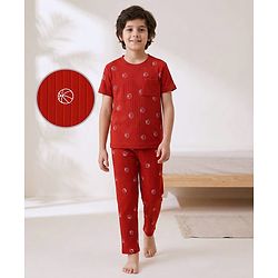Pine Kids Drop Needle Half Sleeves  Co-ords Night Suits with Basketball Print - Red Orche