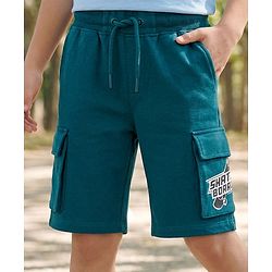 Pine Kids Looper Knit Above Knee Length Shorts With Pockets & Text Print - Teal Blue