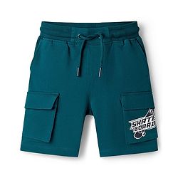 Pine Kids Looper Knit Above Knee Length Shorts With Pockets & Text Print - Teal Blue
