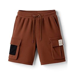 Pine Kids Looper Knit Above Knee Length Shorts With Text Badge - Brown