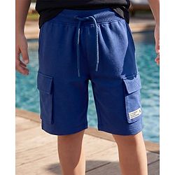 Pine Kids Looper Knit Above Knee Length Shorts With Text Badge - Navy Blue