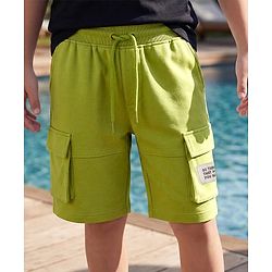 Pine Kids Looper Knit Above Knee Length Shorts With Text Badge - Olive Green