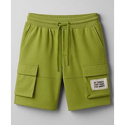Pine Kids Looper Knit Above Knee Length Shorts With Text Badge - Olive Green