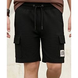 Pine Kids Looper Knit Above Knee Length Shorts With Text Badge - Black