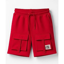 Pine Kids Looper Knit Above Knee Length Shorts With Text Badge - Light Red