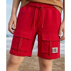 Pine Kids Looper Knit Above Knee Length Shorts With Text Badge - Light Red