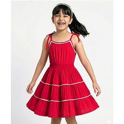 Pine Kids Crinkled Crepe Woven Sleeveless Solid Colour Frock - Maroon